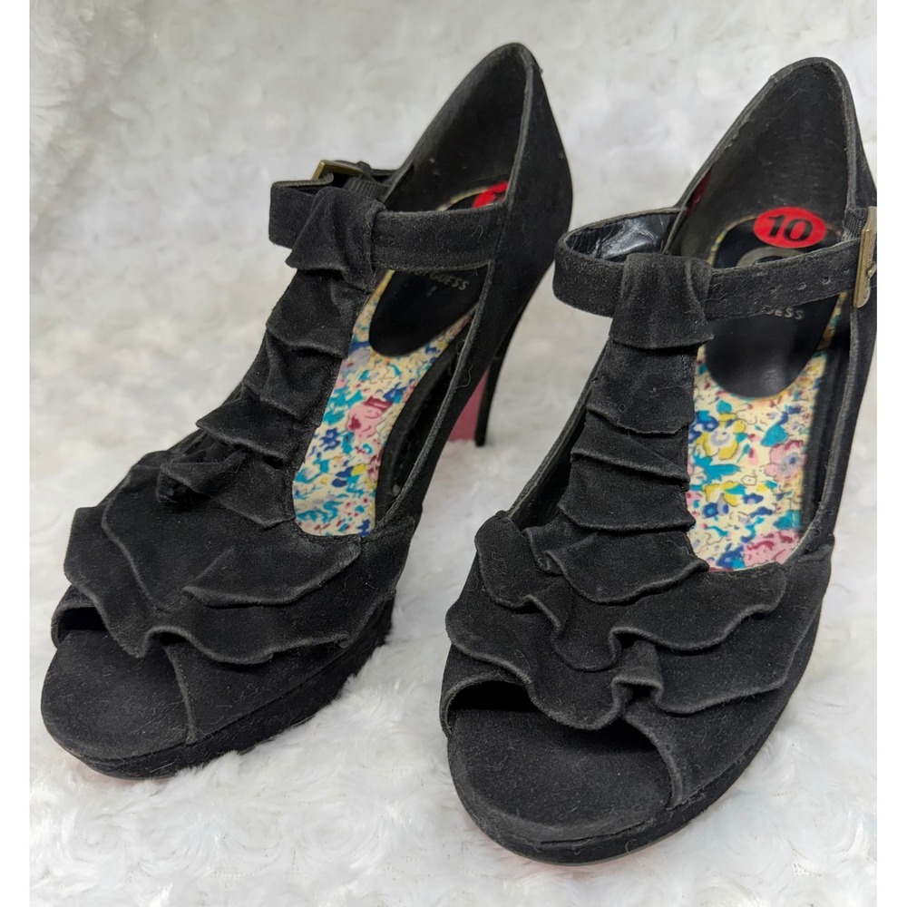 G by‎ GUESS Black Ruffle Peep Toe Platform Pink Floral Insole Size 10M Heels